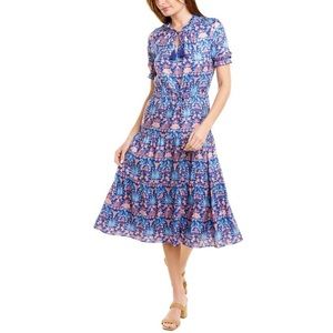 J. Mclaughlin Dress Sz XS Blue Chessie Silk Blend Floral Maxi Tiered